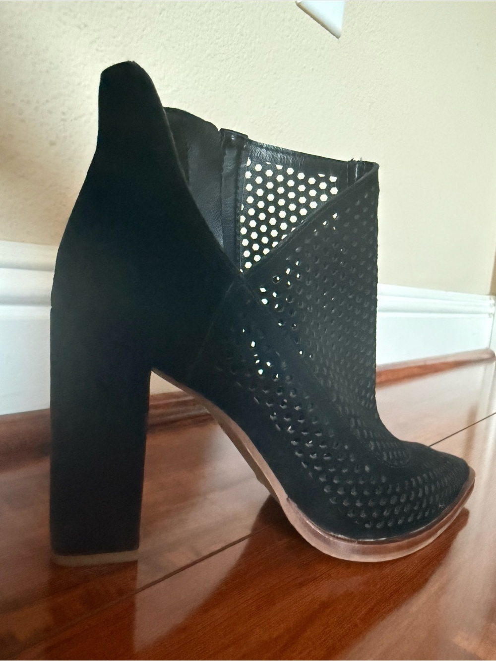 Vince Camuto Black Perforated Suede Block Heel Ankle Bootie